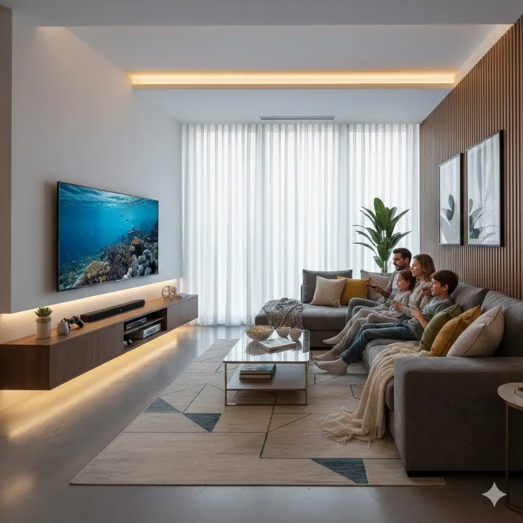 salon moderne famille regarde TV 4K